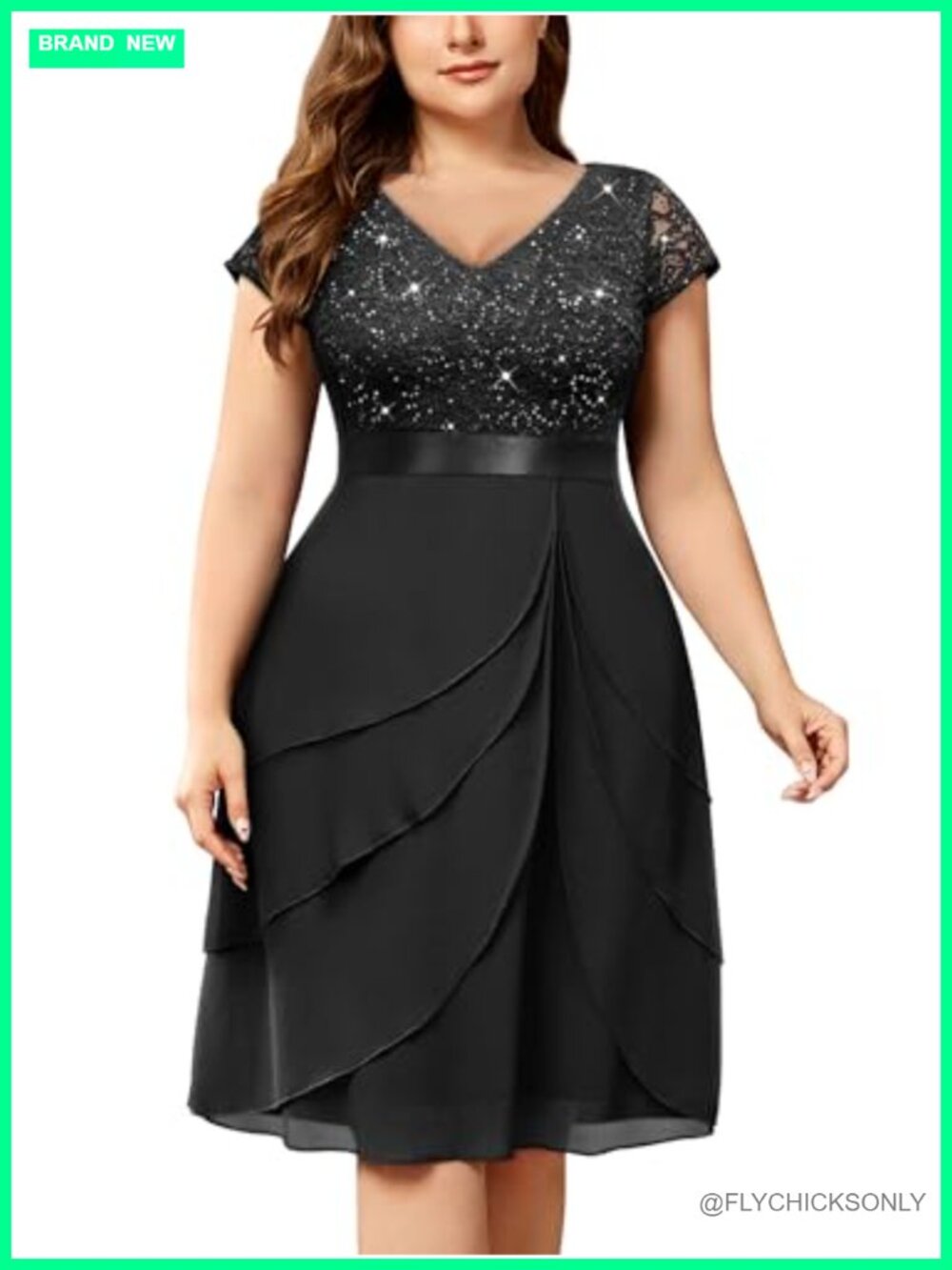 Plus Size Sequin Lace V Neck Tiered Chiffon Cocktail Party Dress